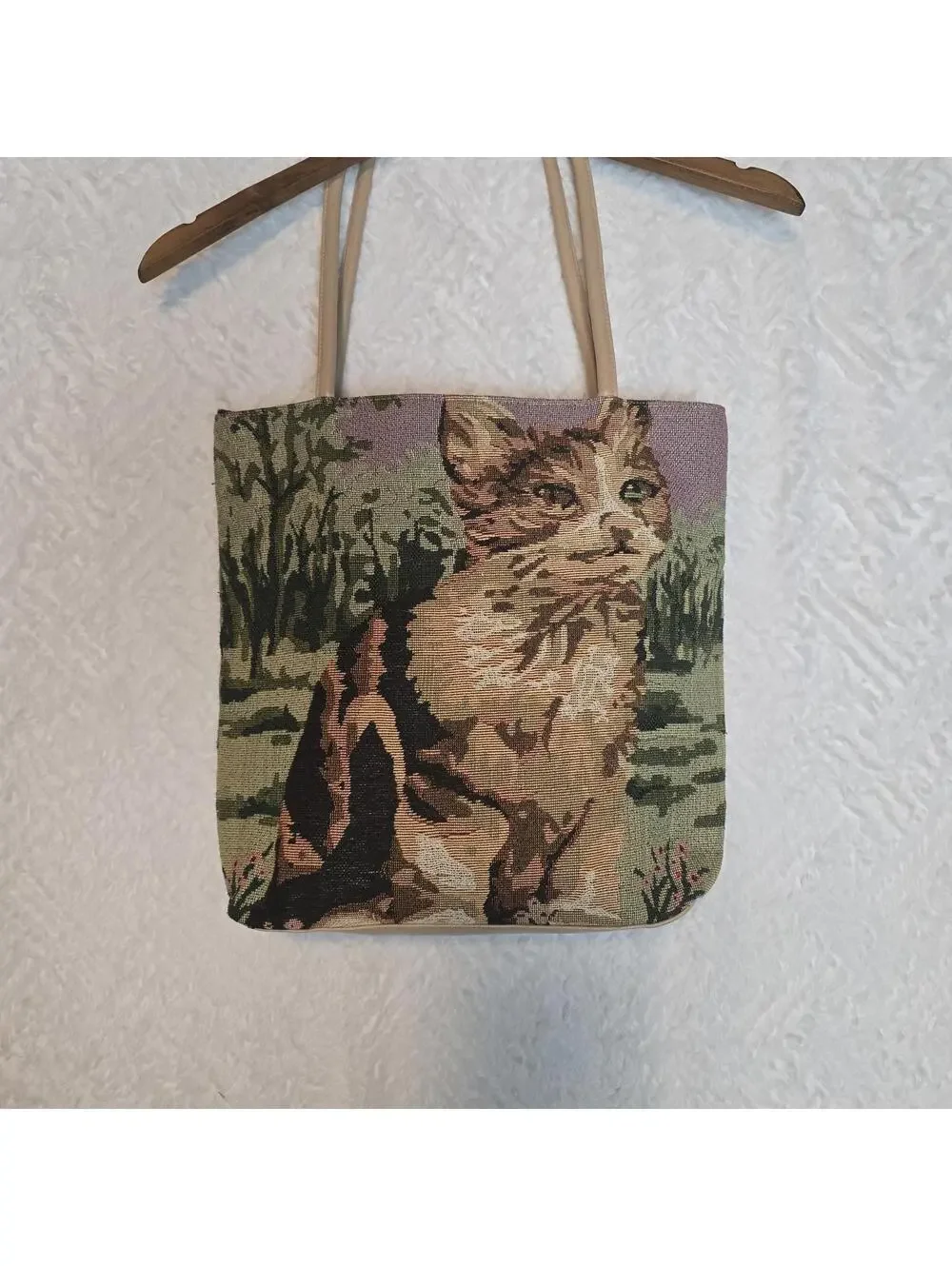 Vintage Style Woven Cat Tapestry Tote Cottagecore Kitty Shoulder  Braciano Bag